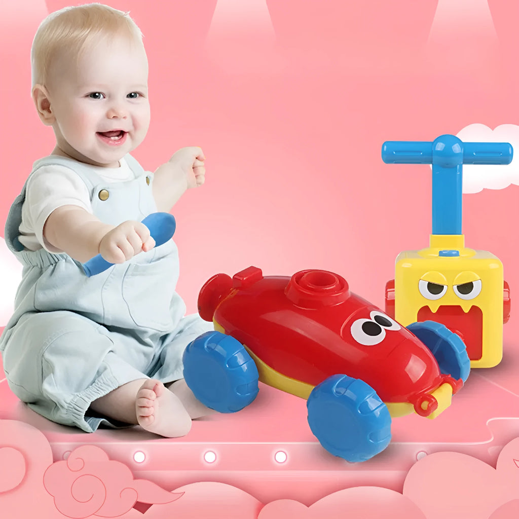 Children's air balloon powered car toy with ABS plastic construction, 2 cars, and 12 balloons on a white background