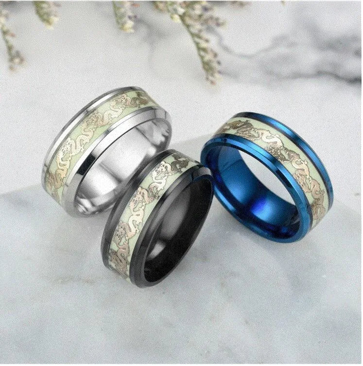 Blue Chinese dragon pattern fluorescent titanium steel ring on white background, epoxy finish, size 10