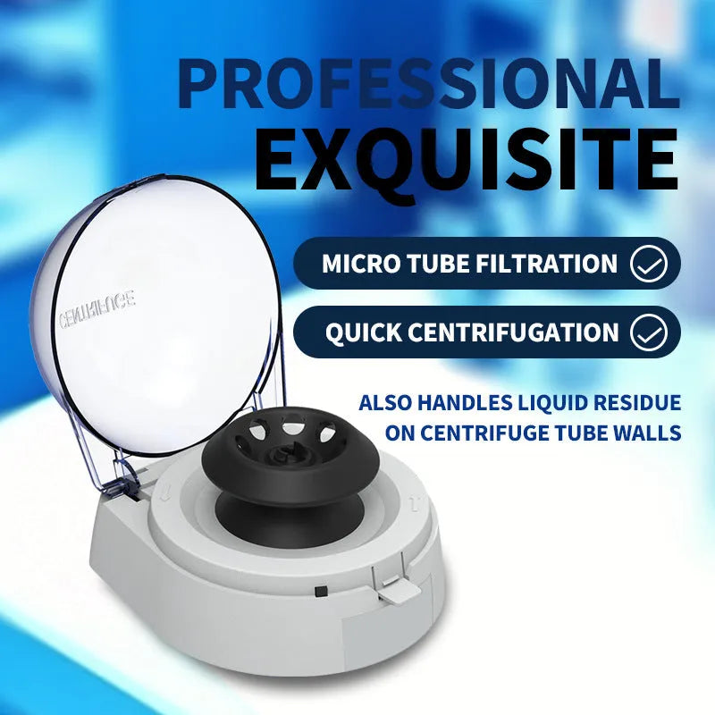 Mini laboratory centrifuge with compact benchtop design measuring 157 by 170 by 120 millimeters