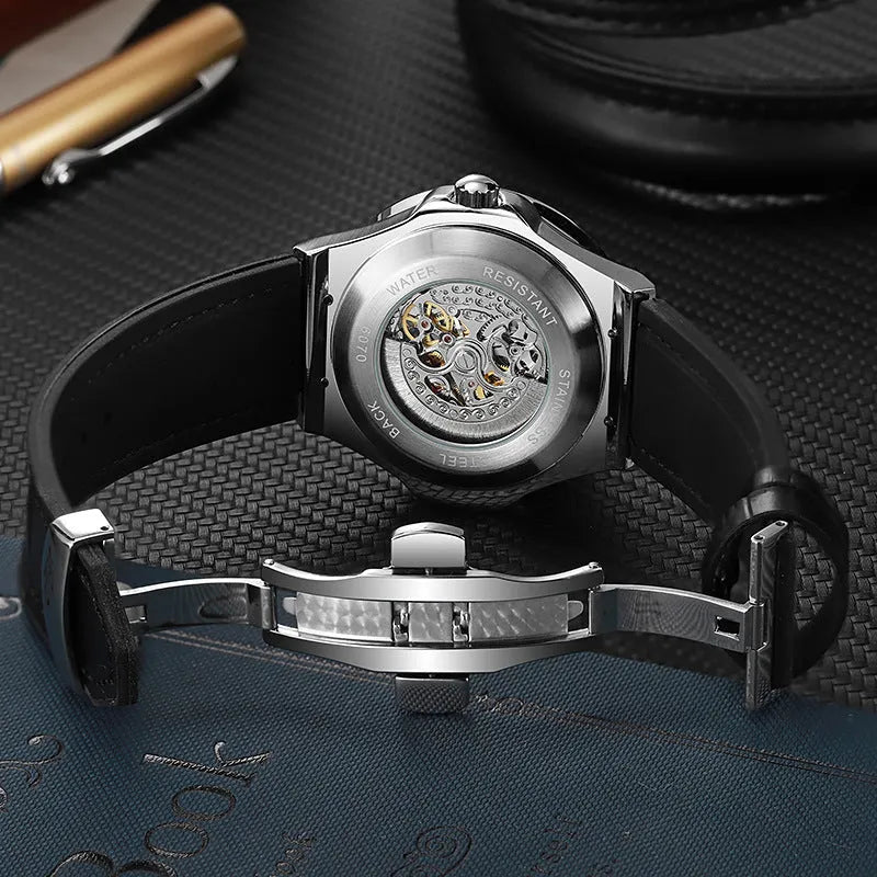 Automatic mechanical men's watch with diamond studs on a white shell case and hollow dial.