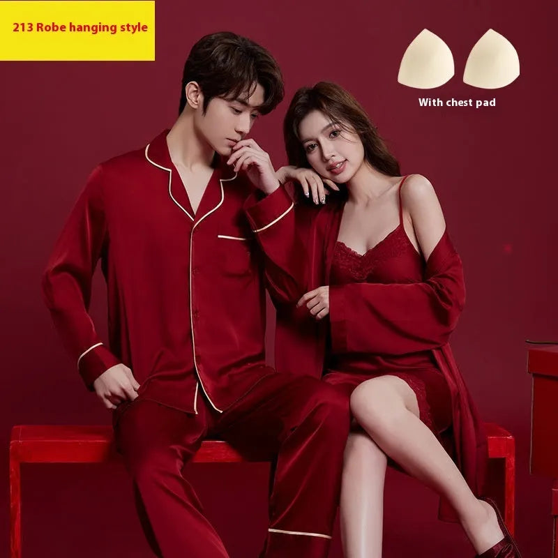 Red long-sleeved ice silk sleepwear set for a man and woman laid out flat.
