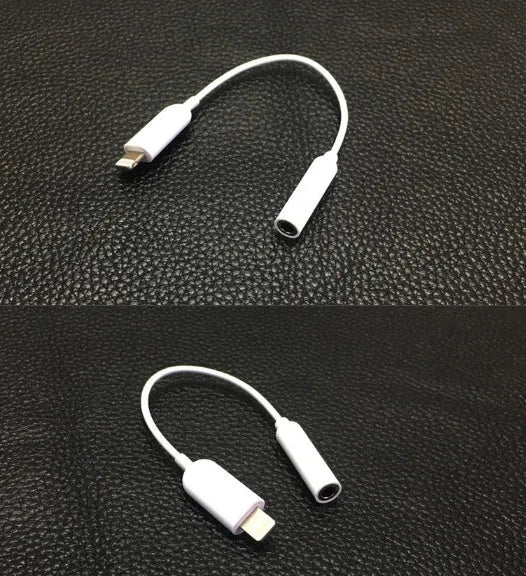 White Lightning to 3.5mm headphone adapter cable for iPhone, showing both connectors.