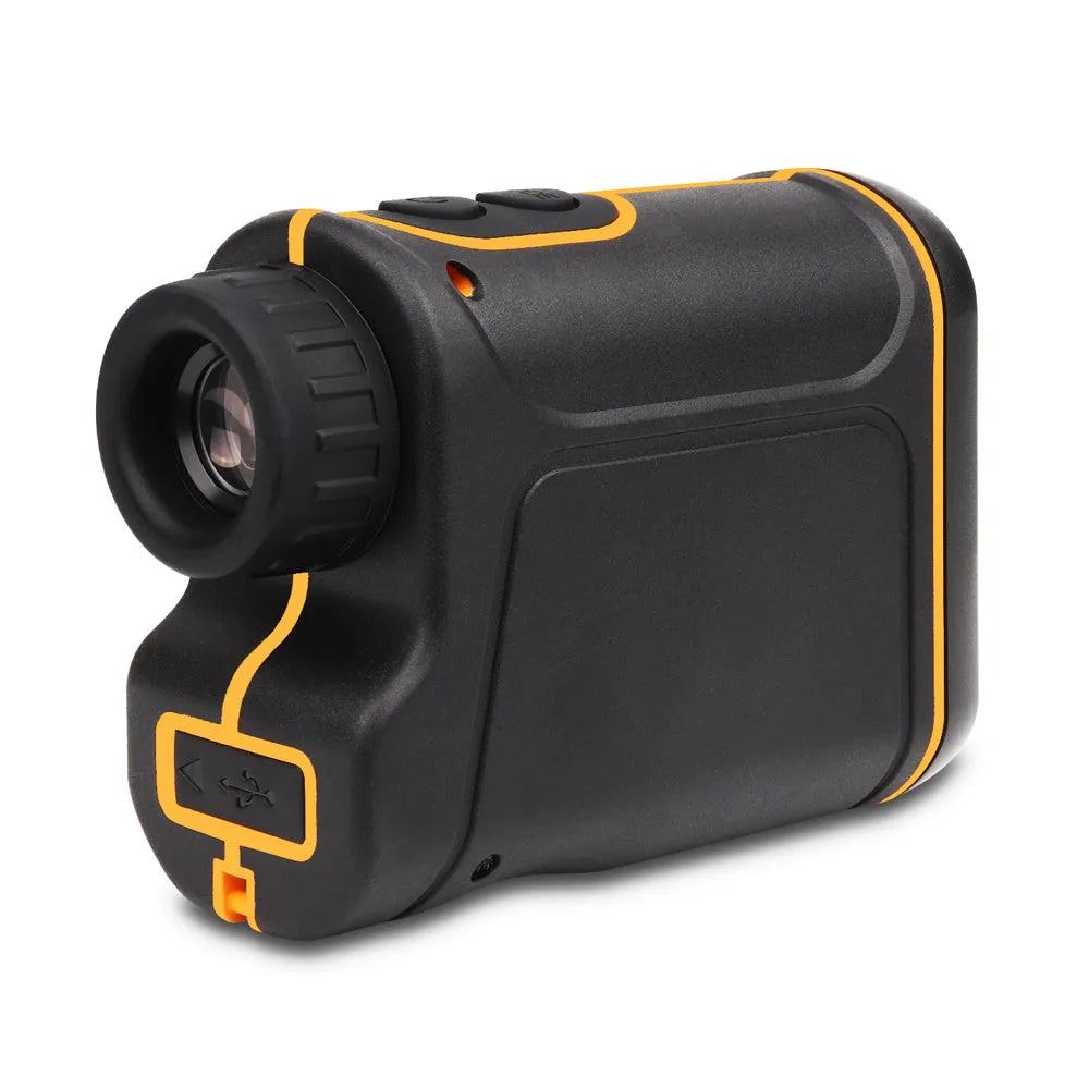 Handheld golf rangefinder device showing compact 104mm x 76.5mm x 41mm size with display screen