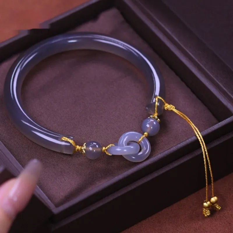 Women's grey smoke purple agate half bracelet with ring buckle clasp in retro styling