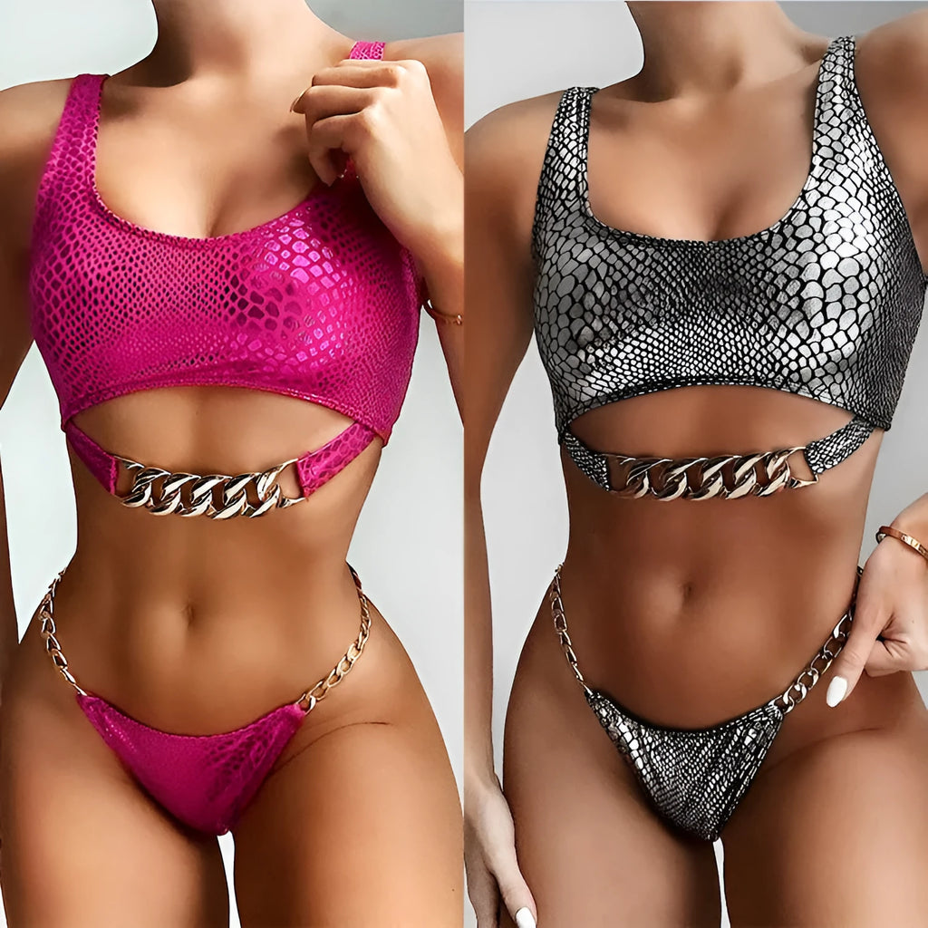 Snake pattern bikini set in gold colour made from nylon fabric
