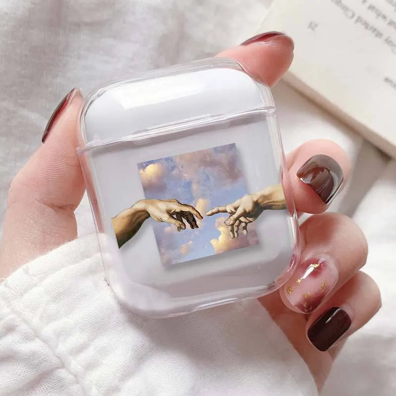 Clear transparent plastic protective cover for Apple AirPods case.