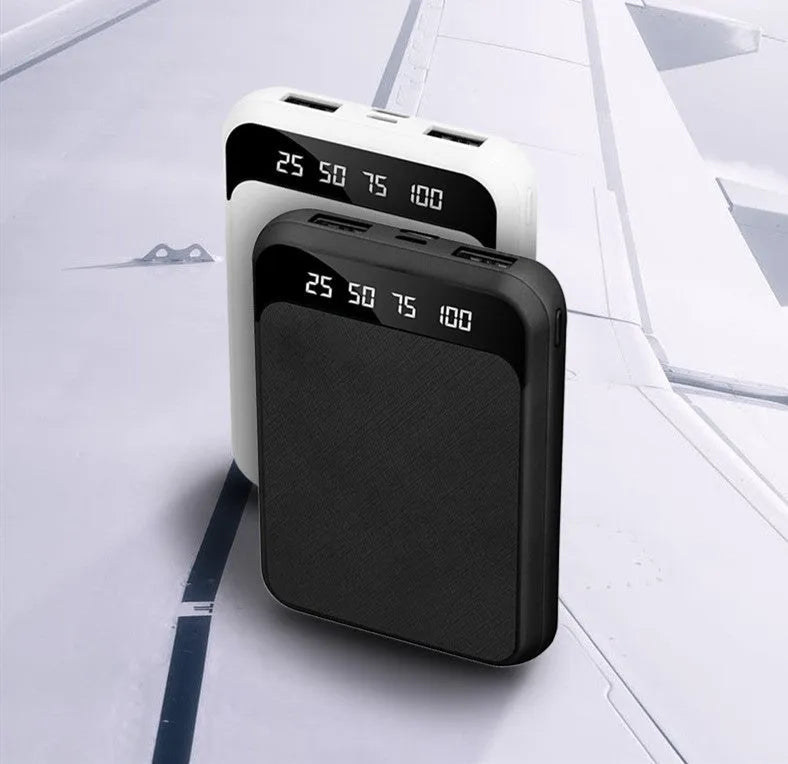 10000mAh mirror digital display power bank in black with LCD charging indicator