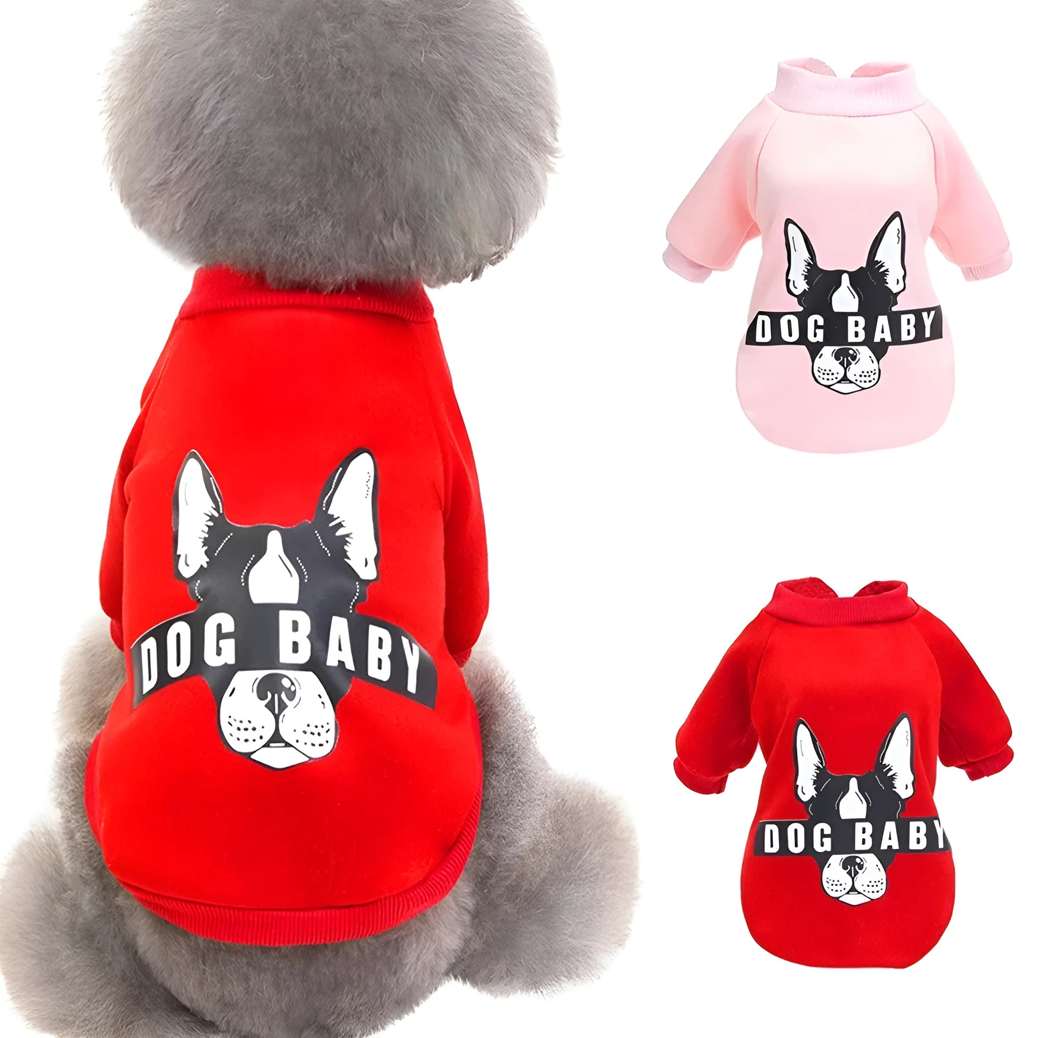 Cartoon fashion cotton dog sweater in pink, showing playful print and knit texture for small pets