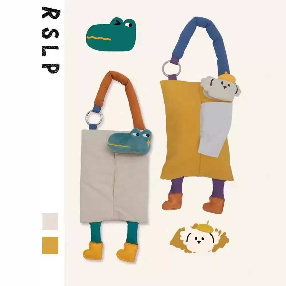Hanging plush car tissue buggy bag in 25x19cm size with hat dog and baby crocodile colour options