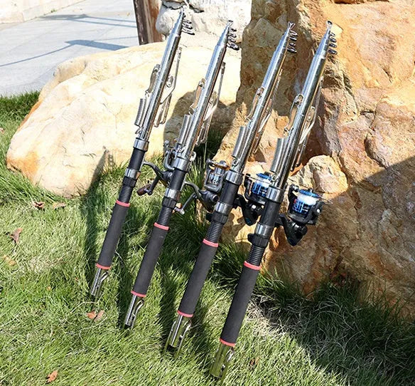 Automatic sea pole fishing rod set with spring mechanism, available in 2.1, 2.4, 2.7 lengths and 3000, 4000, 5000 reels.