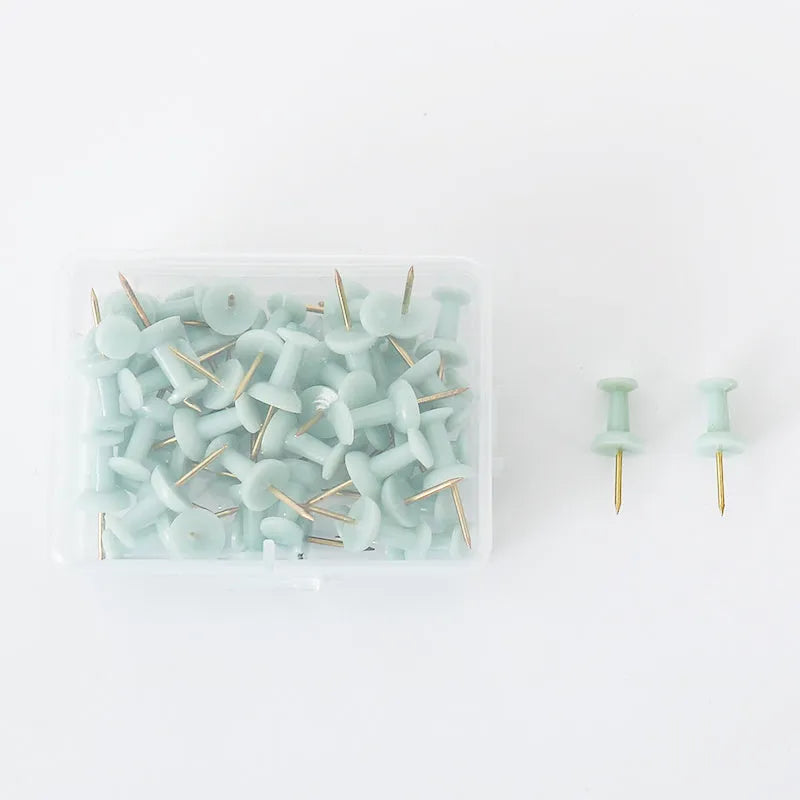 50 Morandi colour push pins with five-pointed star heads on a cork board