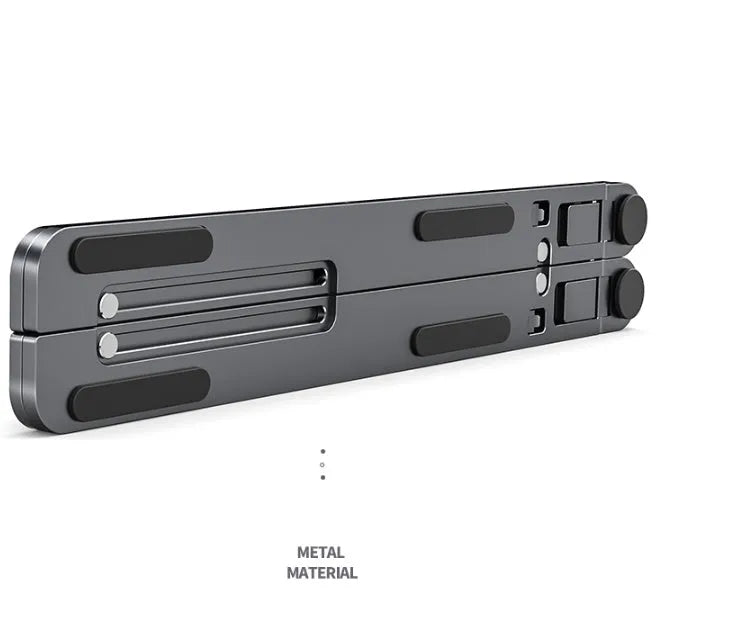 Aluminium foldable laptop stand in silver colour, shown elevated with a laptop on top