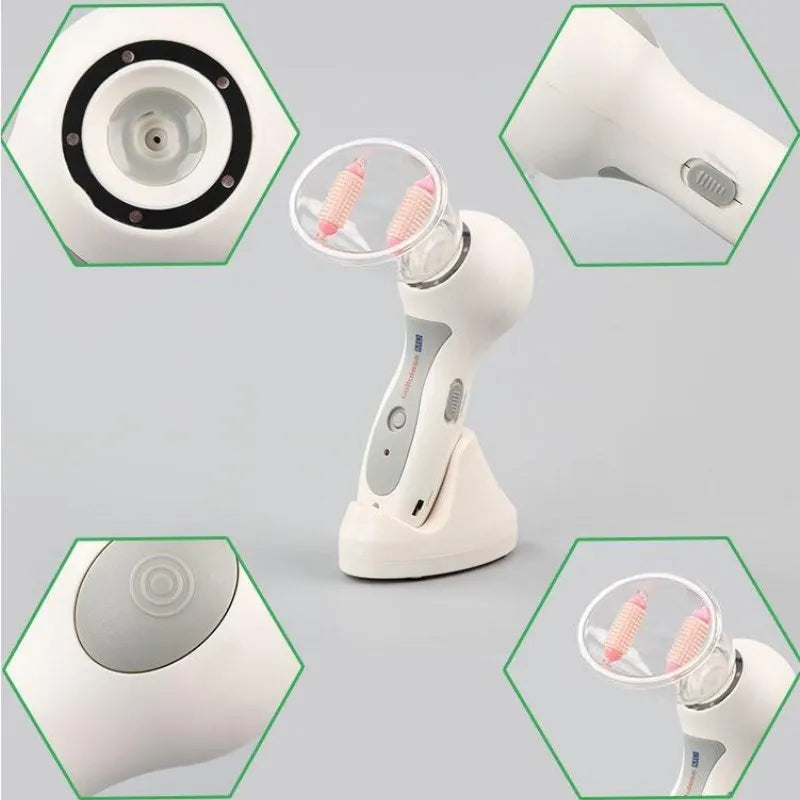 White portable body massage vacuum cans device with two different massaging rollers and AC adapter