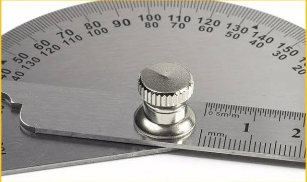 Adjustable plastic protractor showing 0-180 degree measurement range with clear markings