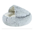 Round crystal velvet cat nest in grey with raised rim, semi-enclosed design, and Oxford bottom base