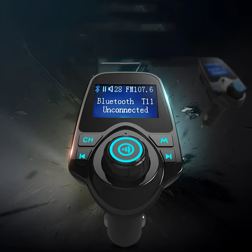 Black G7 Bluetooth car FM transmitter and hands-free kit plugged into a 12V car socket