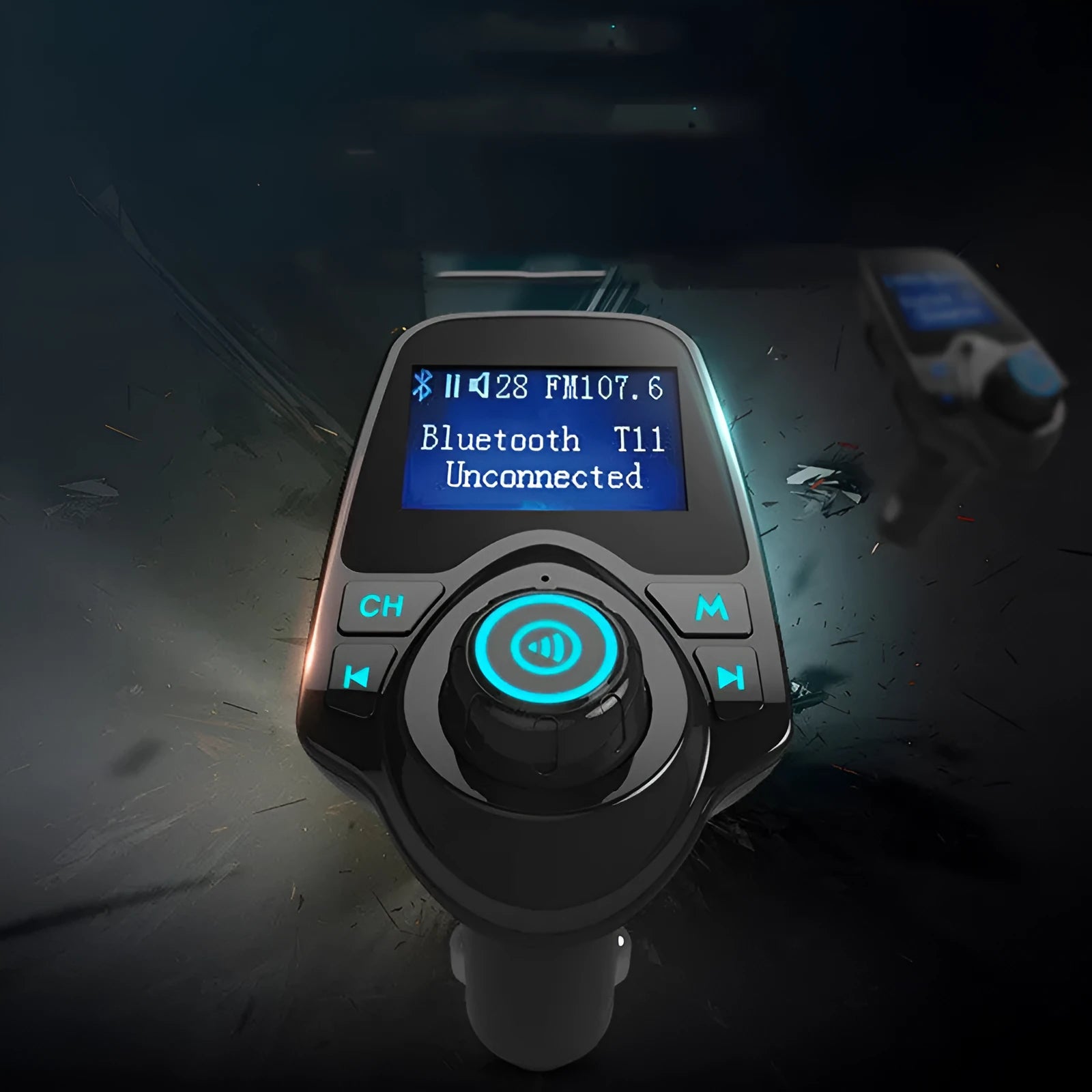 Black G7 Bluetooth car FM transmitter and hands-free kit plugged into a 12V car socket