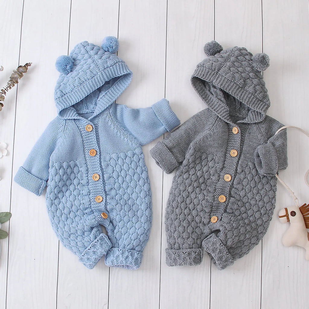 Hooded knitted jumpsuit unisex long sleeve acrylic knit casual wear autumn winter