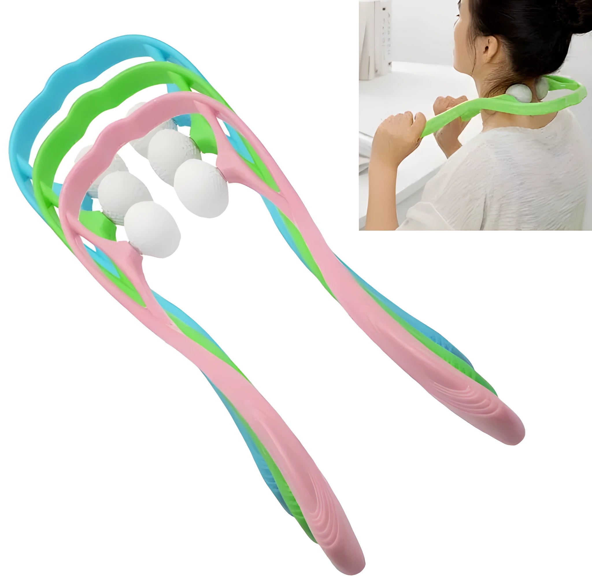 Swan-shaped hand roller neck massager with removable heads in blue, green, and pink colours
