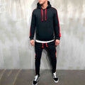 Men's hooded striped polyester fibre sweater suit in black, shown front view, suitable for outdoor sports and fitness activities.