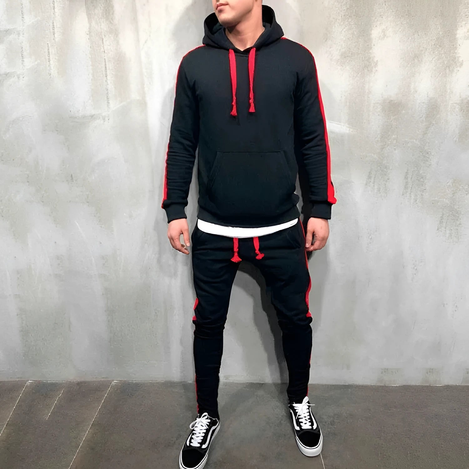 Men's hooded striped polyester fibre sweater suit in black, shown front view, suitable for outdoor sports and fitness activities.