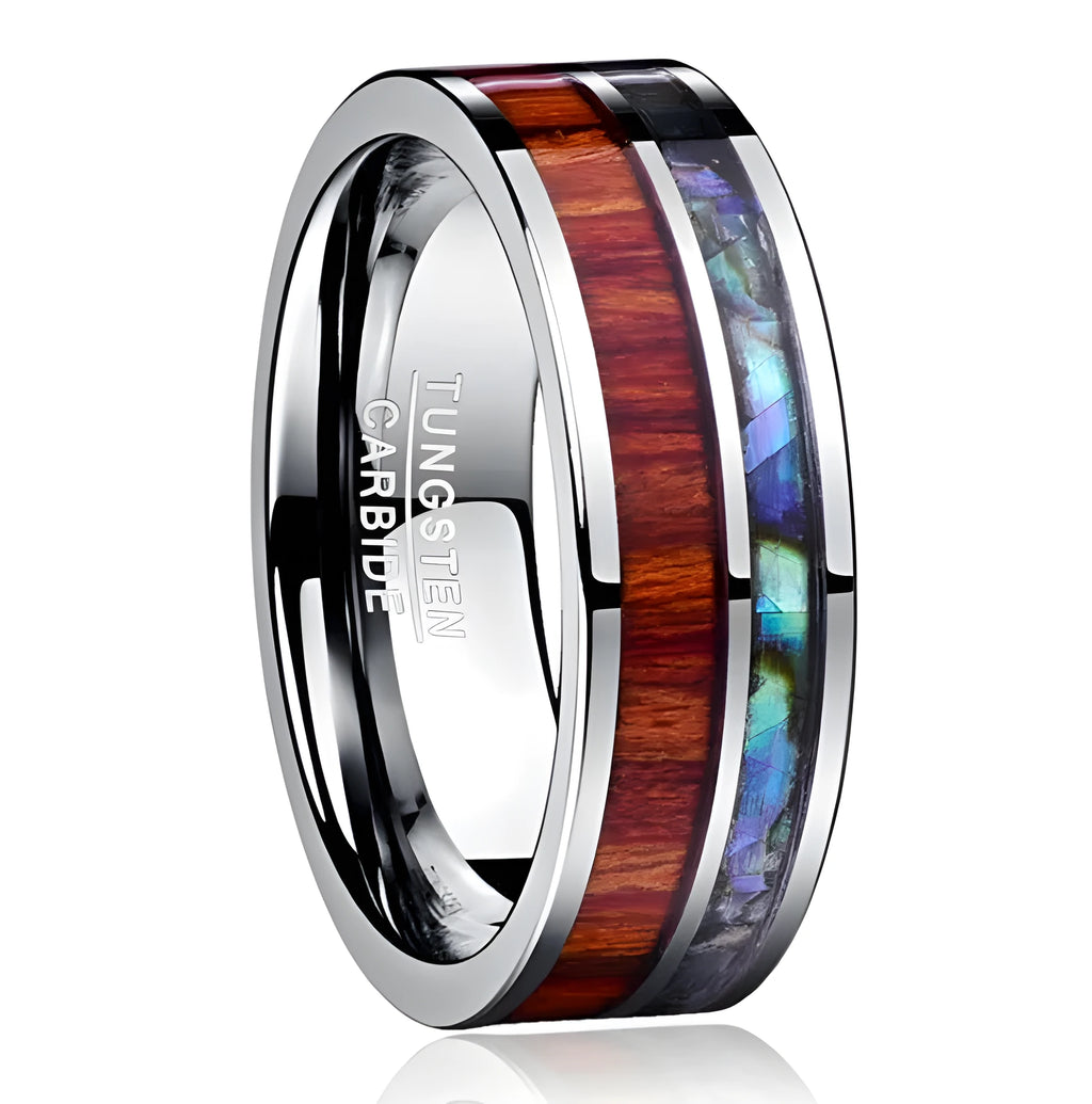 8mm wide tungsten steel ring with polished wood grain finish on a white background