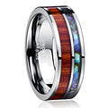8mm wide tungsten steel ring with polished wood grain finish on a white background