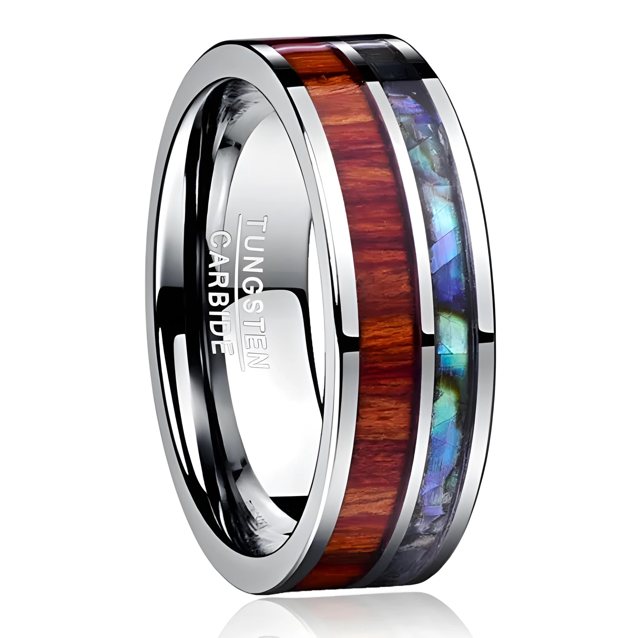 8mm wide tungsten steel ring with polished wood grain finish on a white background