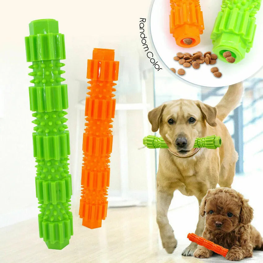 Green and orange durable rubber dog chew toy with treat dispenser hole for aggressive chewers.
