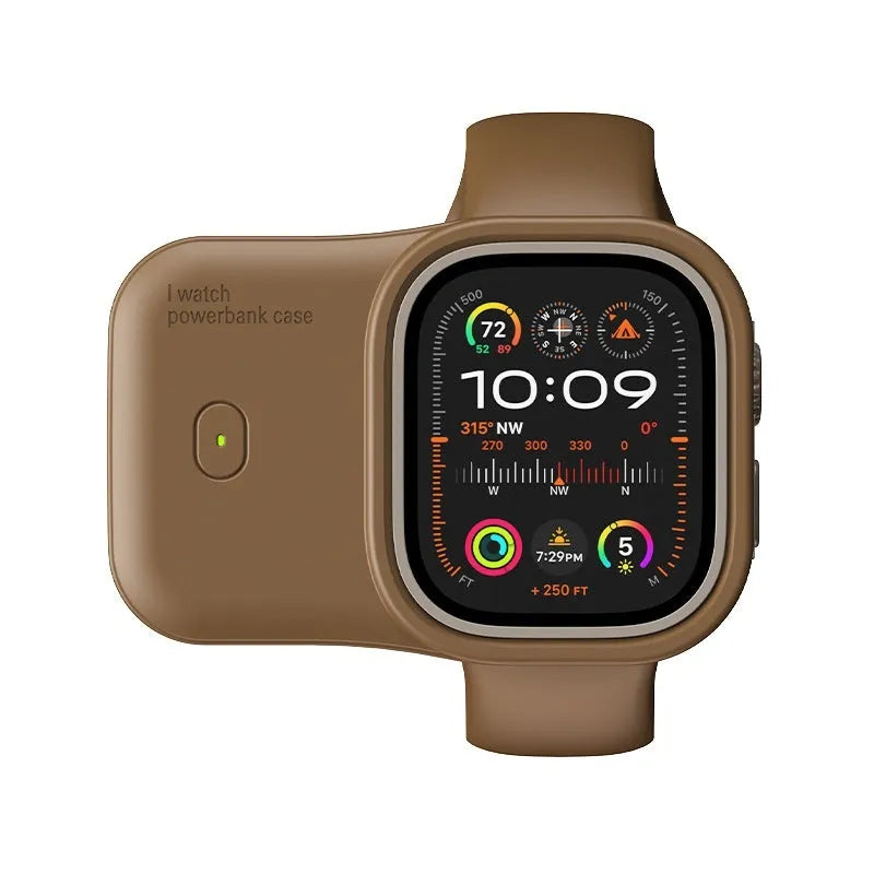 Apple Watch portable charging case with silicone cover, shown in Brown, Midnight Blue, and Starlight colours.
