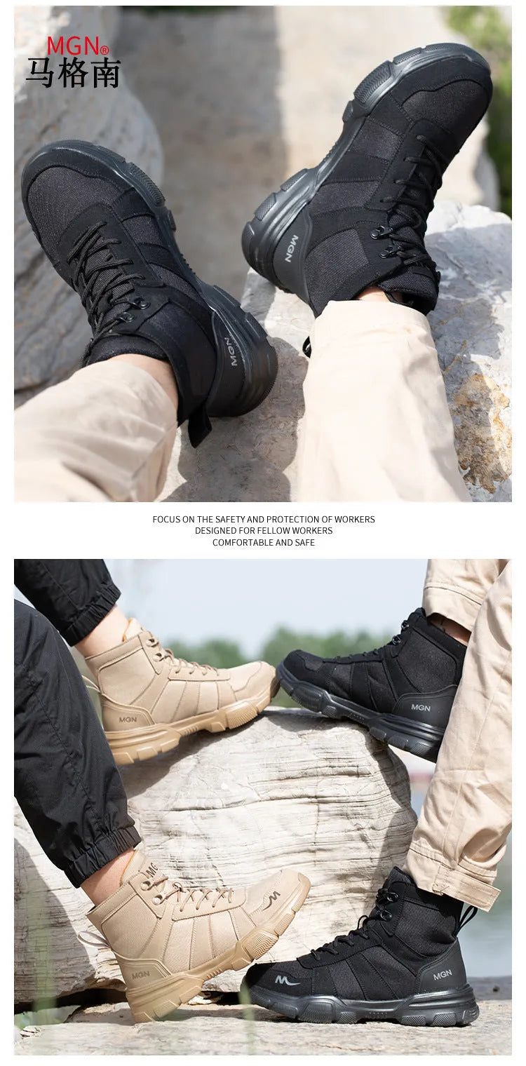 Steel toe anti-smash anti-puncture high top safety shoes in beige and black on white background