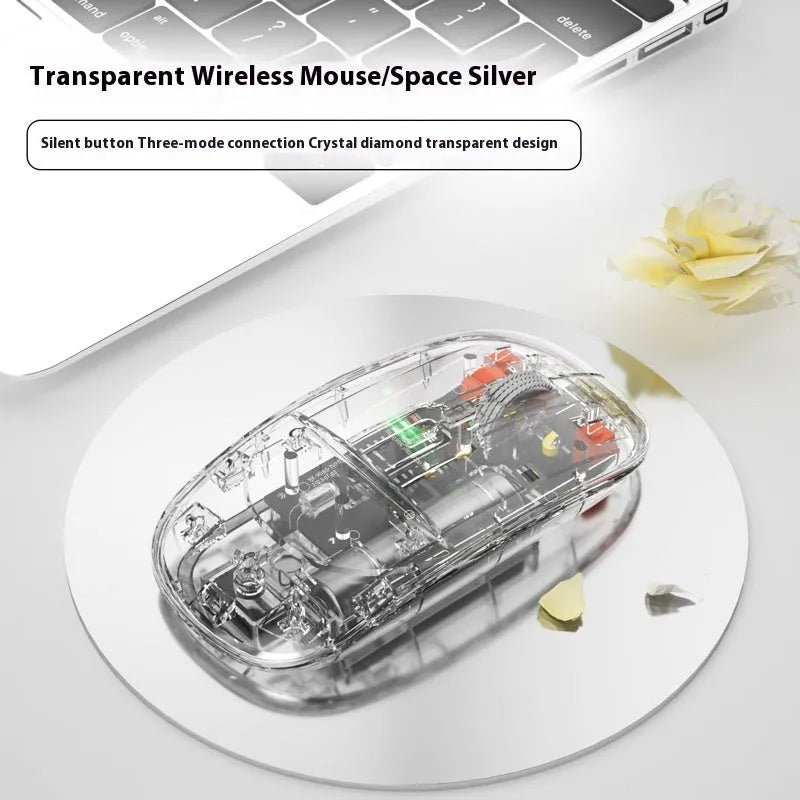 Self-charging Bluetooth mouse in silver with three-mode connection for tablet and laptop use