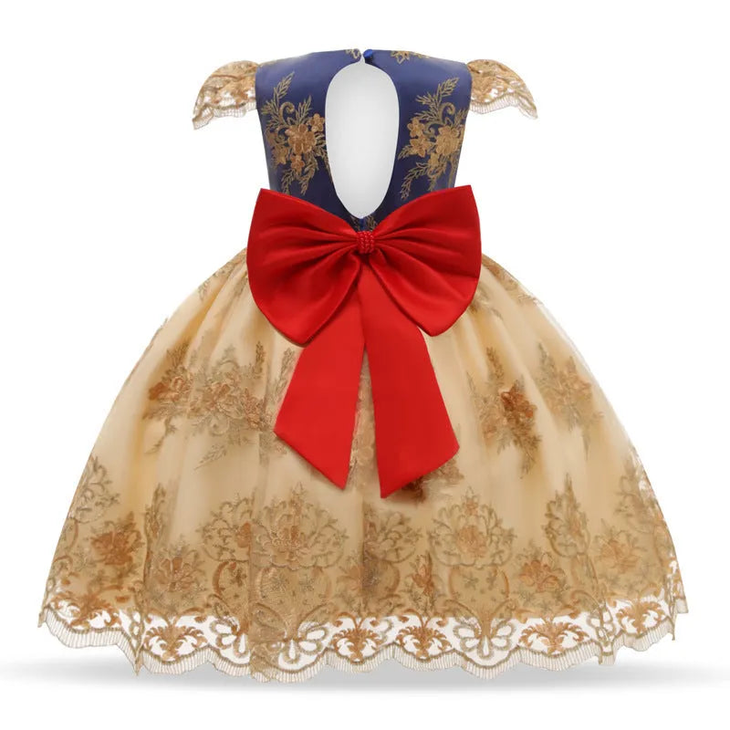 Girls puffy princess dress with lace and bow in blue or yellow, cotton blend, sizes 100-150cm