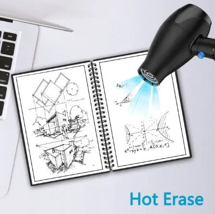 Black rewritable paper notebook open with spiral binding, erasable pen, and B5 size sheets