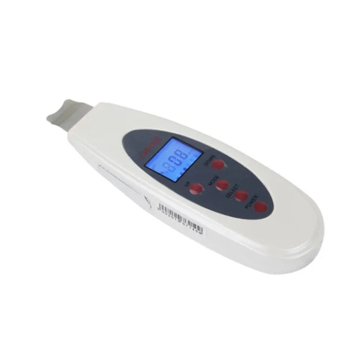 White ultrasonic skin cleaner with spatula probe, ABS body, 1.75m cable, for blackhead removal and facial cleaning
