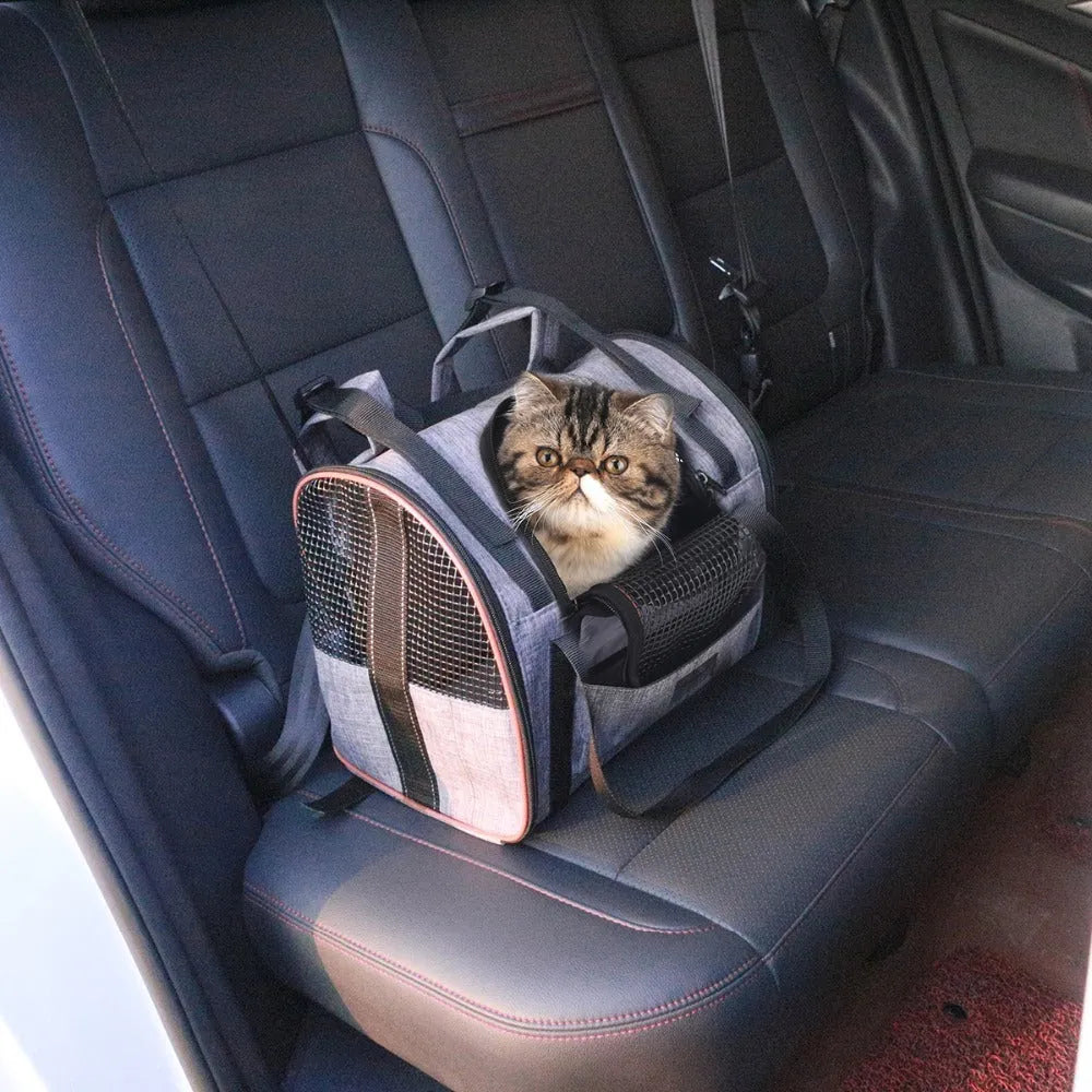 Multi-functional folding pet carrier bag for cats and dogs, frosted leather waterproof PVC, brown, unfolded size 35x23x28 cm