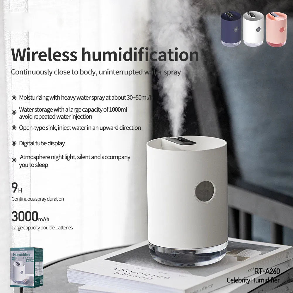 Wireless humidifier in white with USB cable, 1.0-2.5 litre tank for small rooms