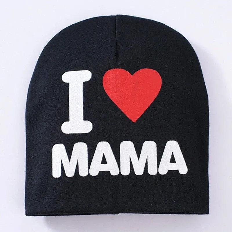 Baby hat in grey with 'Love Mama' text print, showing soft cotton-Lycra knit fabric