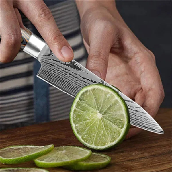 6-piece 7CR17 stainless steel knife set with wooden handles and laser Damascus pattern on silver blades