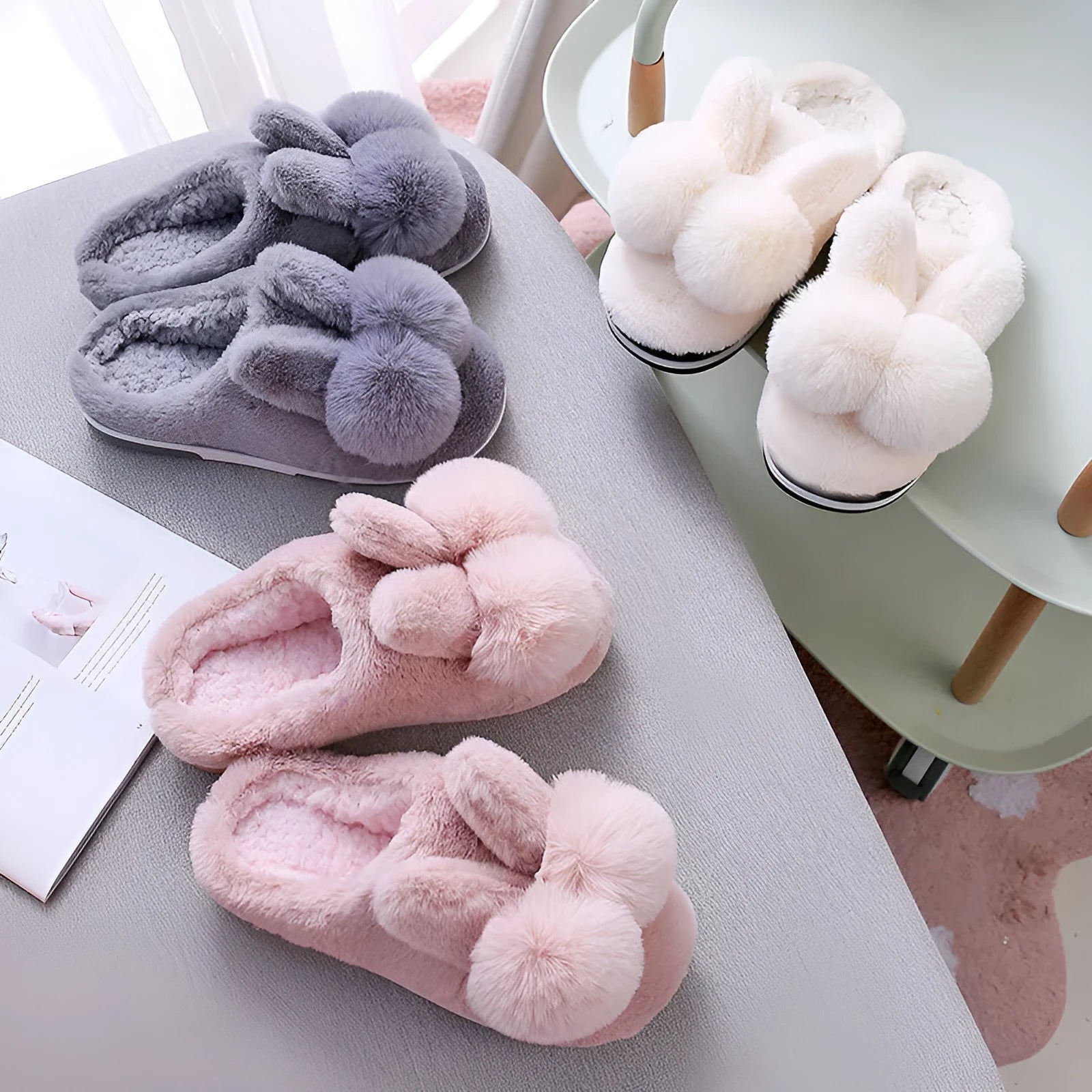Women's fluffy rabbit fur slippers with floral pattern, high upper, and low heel in multiple colours.
