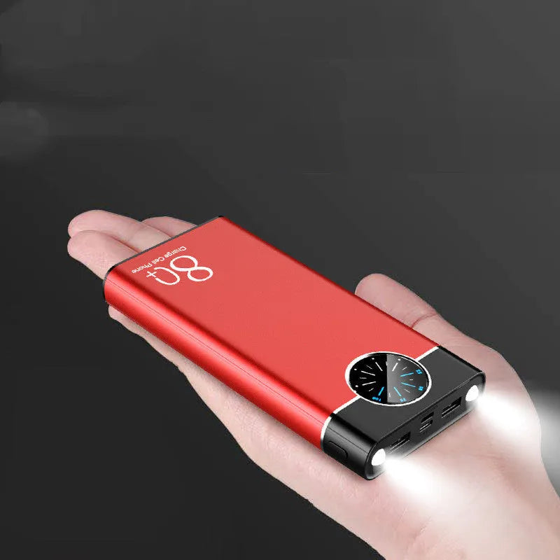 Black fast charging power bank with 20000mAh capacity showing LED flashlight and charging ports
