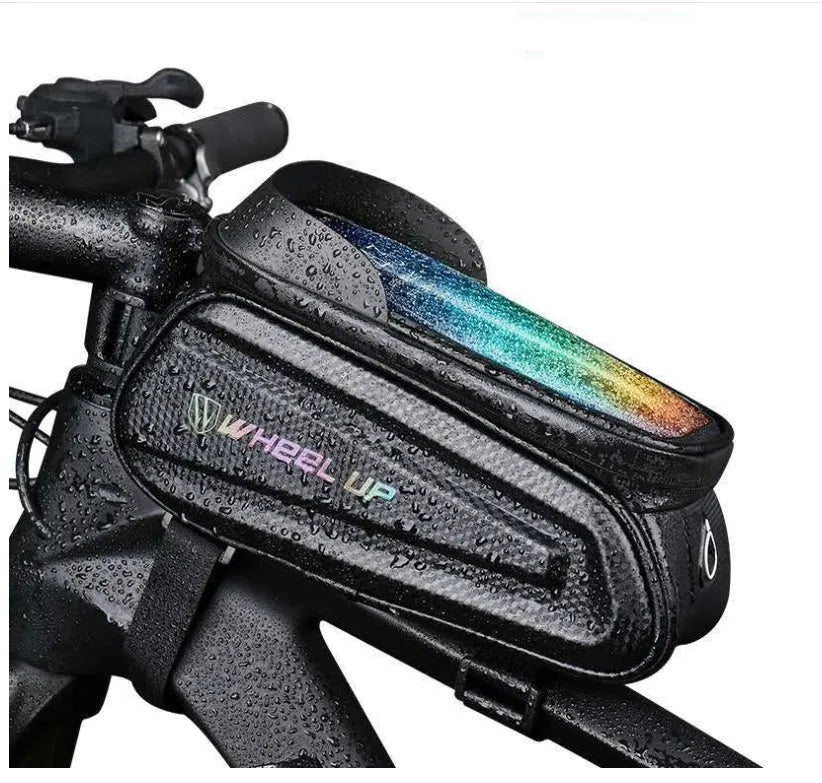 Black grey EVA bicycle phone bag with touchscreen window and reflective straps mounted on mountain bike frame