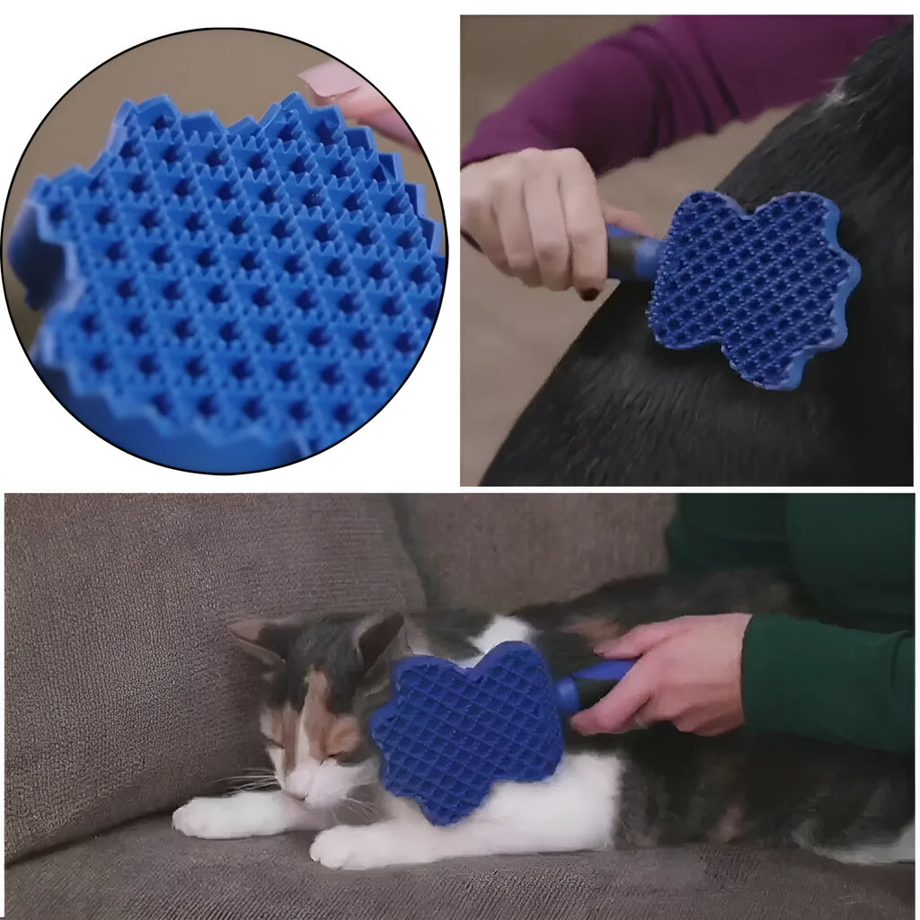 Blue pet hair remover brush 23 × 9 × 2.5cm with flexible silicone bristles and reverse shampoo comb for dogs and cats