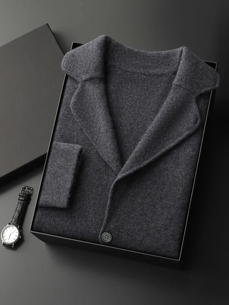 Men's cashmere lapel cardigan knitted jacket in light grey colour showing thickening construction