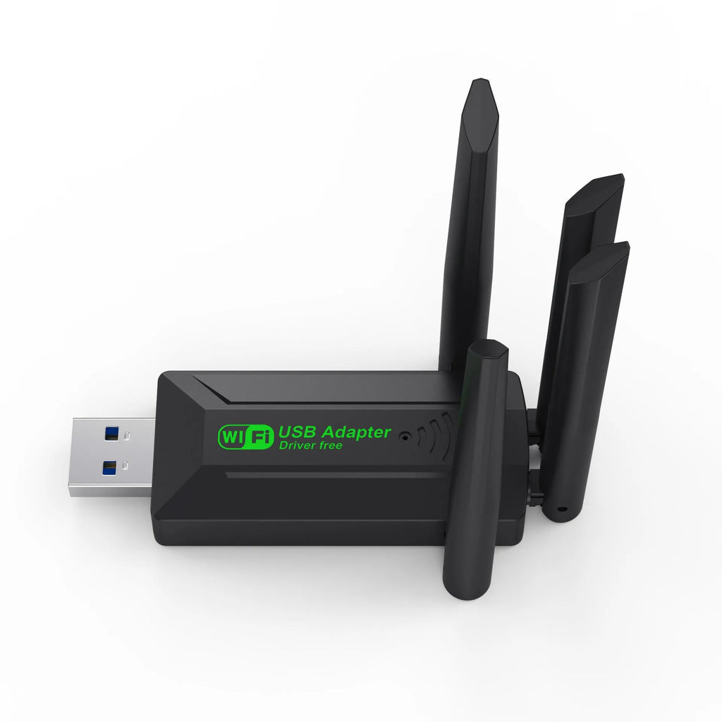 Black USB Wi-Fi network transmitter dongle with four external antennas.