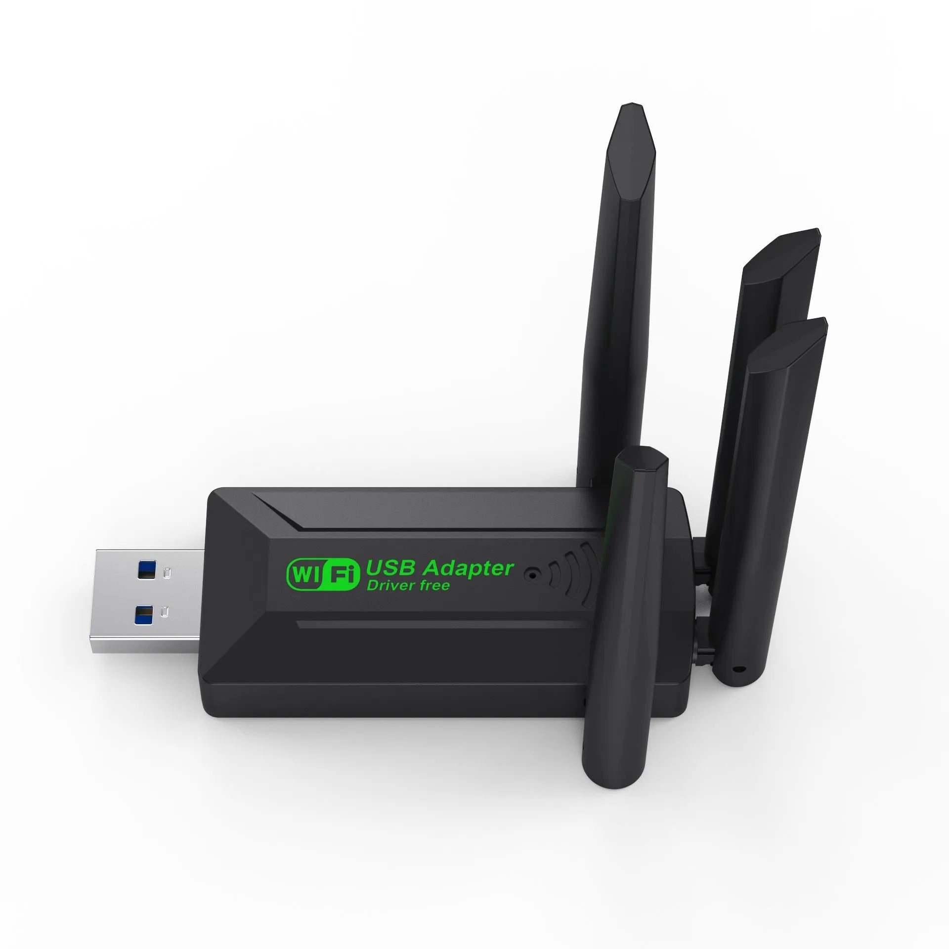 Black USB Wi-Fi network transmitter dongle with four external antennas.