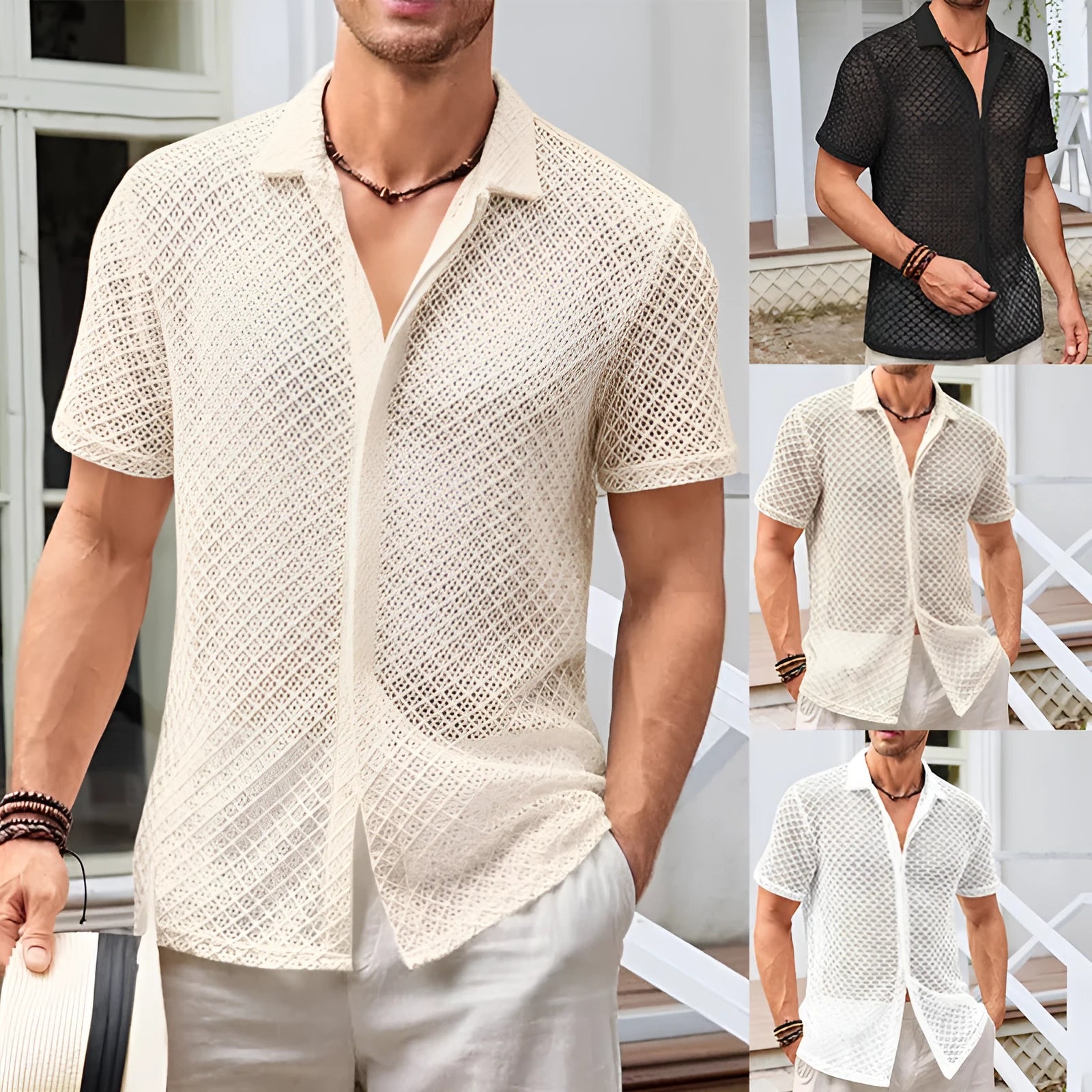 Men's short sleeve mesh shirt with lapel in cotton blend fabric, solid colour options