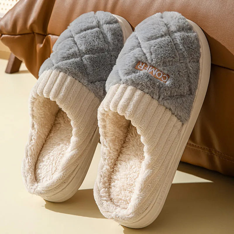 Solid rhombic letter home slippers in thickened artificial plush with EVA non-slip sole and car stitching detail