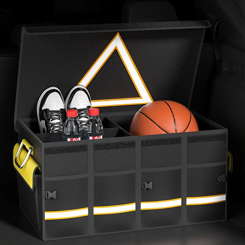 Black and yellow foldable car boot storage organiser bag with carry handle in three size options