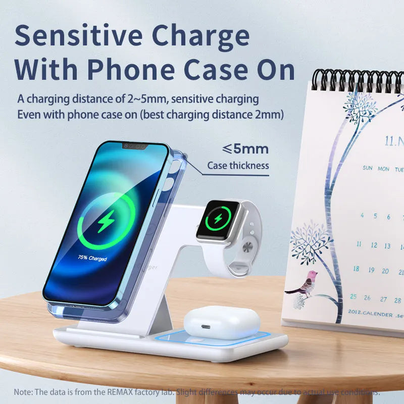 Three-in-one wireless charger folding stand in space black charging a phone, watch, and headset